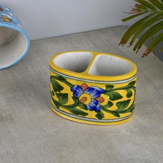 Blue Flower with Green Leaves On Yellow Base Color Tooth Paste Holder Blue Flower with Green Leaves On Yellow Base Color Tooth Paste Holder
