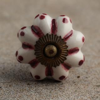 BPCK-009 (Large) Maroon Floral Design Ceramic Knob -Antique Brass