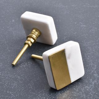 Square Shape White And Brass Stone Cabinet Knob-1