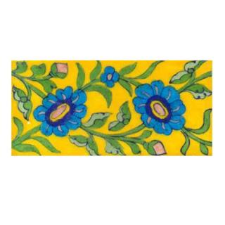 turquoise flower with green leaves on yellow tile turquoise flower with green leaves on yellow tile