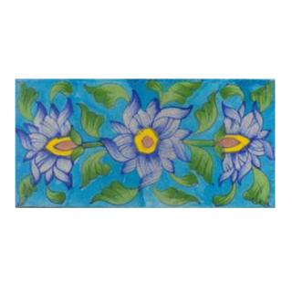 Three blue,yellow,brown and lime green leaves with turqouise tile Three blue,yellow,brown and lime green leaves with turqouise tile