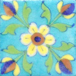 Yellow Flowers With Green Leaves On Turquoise Base Tile Yellow Flowers With Green Leaves On Turquoise Base Tile