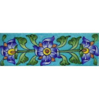 Blue Flowers With Green Leaves Design On Turquoise base Tile Blue Flowers With Green Leaves Design On Turquoise base Tile