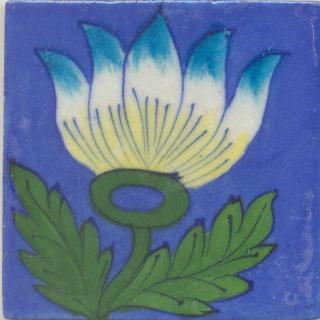 Turquoise and Yellow Flower and Green leaf with Blue Base Tile