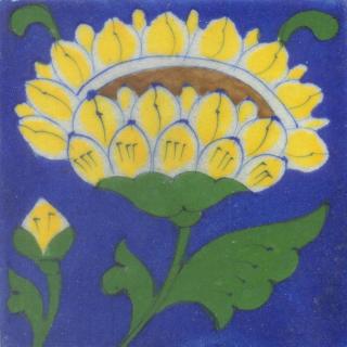 Yellow and Brown Flower and Green leaf with Blue Base Tile