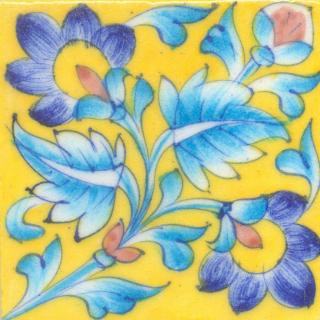 Blue,Yellow and Brown Flower and Turquoise leaf with Yellow Base Tile Blue,Yellow and Brown Flower and Turquoise leaf with Yellow Base Tile