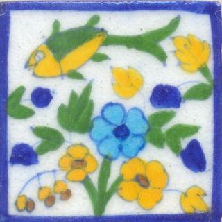 Yellow and Green Fish and Turquoise and Yellow Flowers and Green leaf with White