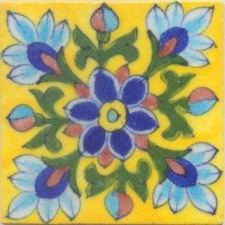 Turquoise, Blue and Brown Flowers and Green leaf with Yellow Base Tile