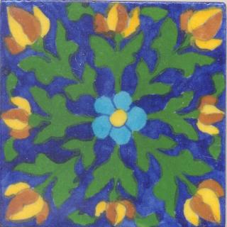 Brown,Yellow and Turquoise Flowers and Green leaf with Blue Base Tile