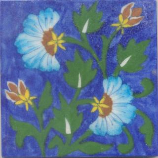 Turquoise, Brown and Yellow Flowers and Green leaf with Blue Base Tile