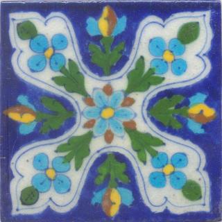 Turquoise, Yellow and Brown Flowers and Green leaf with Blue Base Tile