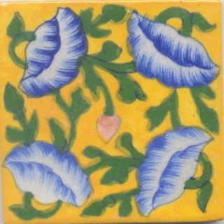Blue Flowers and Green leaf with yellow Base Tile