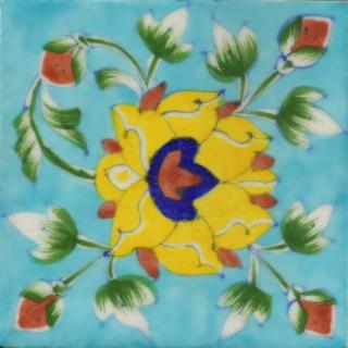 Yellow Flowers With Green Leaf on Turquoise Base Tile 4x4