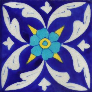 Turquoise Flower With White Pattern On Blue Base Tile