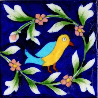 Bird and Green Leaves Design On Blue Base Tile 