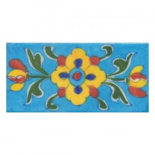 Yellow,Blue and Brown Flowers and Green leaf with Turquoise Base Tile Yellow,Blue and Brown Flowers and Green leaf with Turquoise Base Tile