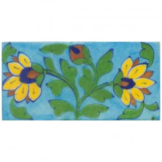 Yellow,Blue and Brown Flowers and Green leaf with Turquoise Base Tile