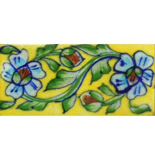 Turquoise Flowers With Green Leaves On Yellow Base Tile Turquoise Flowers With Green Leaves On Yellow Base Tile