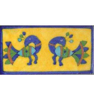 Two Peacock Design On Yellow Base Tile With Blue Border Two Peacock Design On Yellow Base Tile With Blue Border