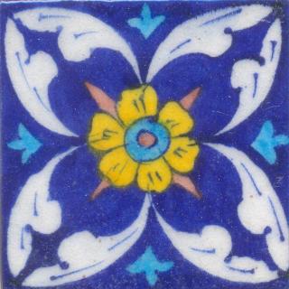 White Leafs and Yellow and Turquoise Flower with Blue Base Tiles
