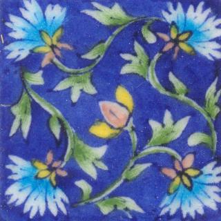 Turquoise and White Flowers and Lime Green leaf with Blue Base Tile
