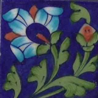 Turquoise flower with green leaves on Blue tile (3x3-bpt86)