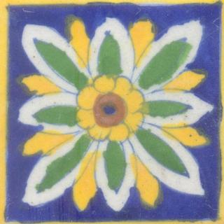 Yellow,Green and Brown Flower with Blue Base Tile