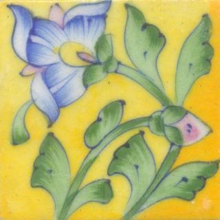 Blue and Yellow Flower and Lime Green leaf with Yellow Base Tile
