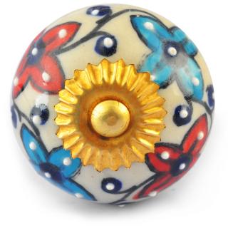 Turquoise and Red Flowers on White Base Ceramic knob Turquoise and Red Flowers on White Base Ceramic knob