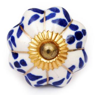 KPS-4543 - Blue Floral and Leaf Design on a White Ceramic Cabinet Knob