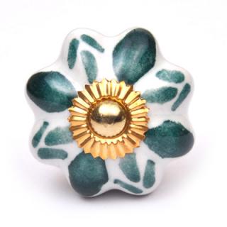 KPS-9006 - Green Flower on a White Cabinet Knob