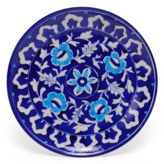 White Leaves and Turquoise Flowers on Blue Base Plate 8'' White Leaves and Turquoise Flowers on Blue Base Plate 8''