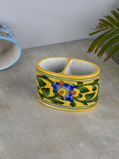 Blue Flower with Green Leaves On Yellow Base Color Tooth Paste Holder Blue Flower with Green Leaves On Yellow Base Color Tooth Paste Holder