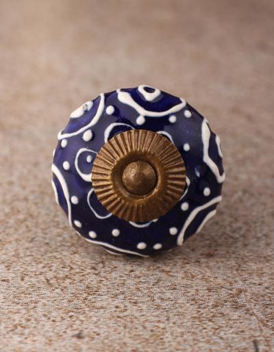BPCK-129 White design with Blue base ceramic knob-Antique Brass
