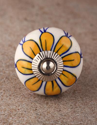 BPCK-161 Yellow Flower with White Base Ceramic knob-Silver