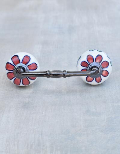 Red Flower, Green and Turquoise leaf with White Base Ceramic Pull