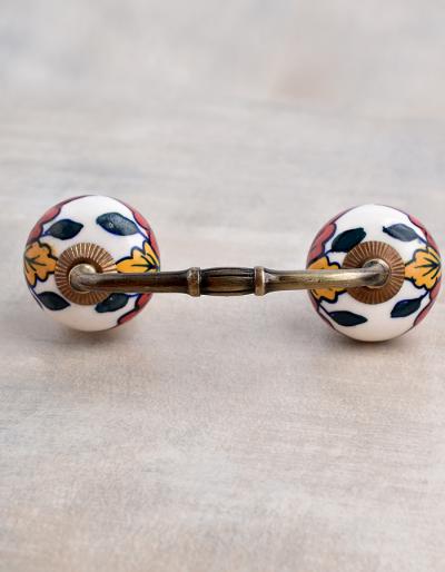 Yellow,Red Flower and Green leaf with White Ceramic knob
