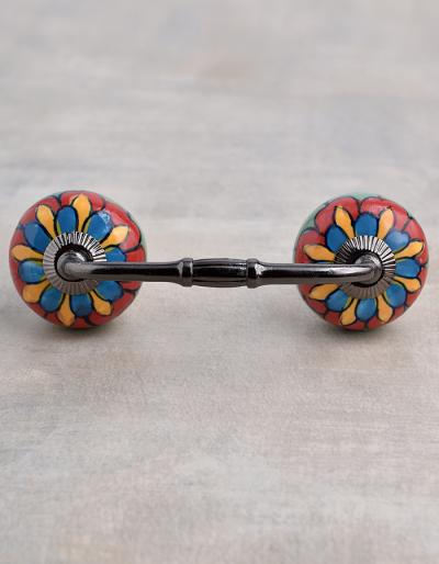 Turquoise,Yellow,Red and Green Flower with White Base Ceramic knob