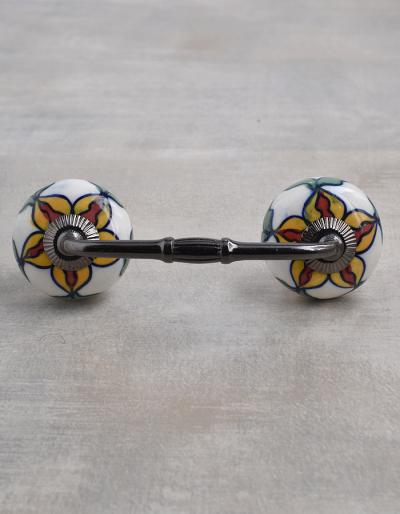 Yellow and Red Flower and Green leaf with White Base Ceramic knob
