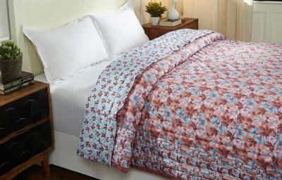 Italian Rose Blue and Brown Hand Screen Print Cotton Quilt Italian Rose Blue and Brown Hand Screen Print Cotton Quilt