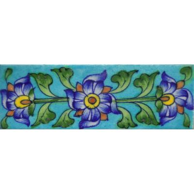 Blue Flowers With Green Leaves Design On Turquoise base Tile