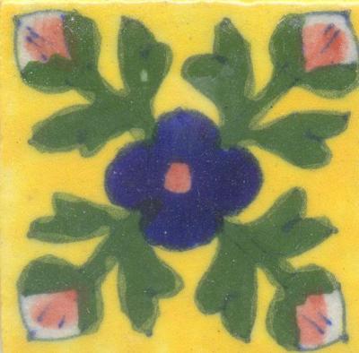 Blue Flowers With Green Leaves On Yellow Base Color 