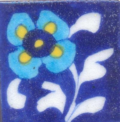 Turquoise and Yellow flower With White Leaves On Blue Base Tile
