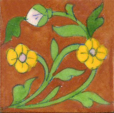 Yellow Flowers With Green Leaves On Brown Base Tile Yellow Flowers With Green Leaves On Brown Base Tile