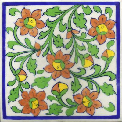 Orange Flowers With Green Leaves On White Base Tile and Blue Border Orange Flowers With Green Leaves On White Base Tile and Blue Border