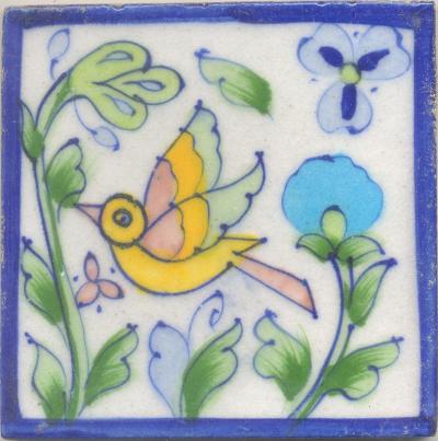 Yellow,Brown and Green Bird and Lime Green leaf with White Base Tile