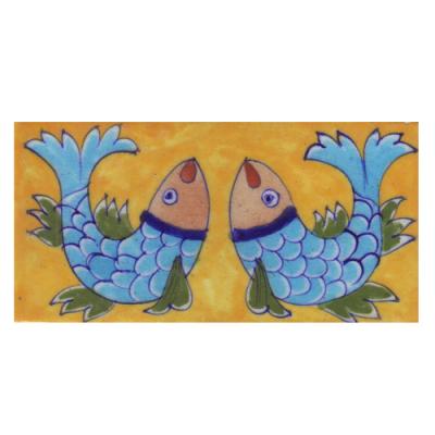 Two Turquoise,Brown,Green and Blue Fish with Yellow Base Tile Two Turquoise,Brown,Green and Blue Fish with Yellow Base Tile