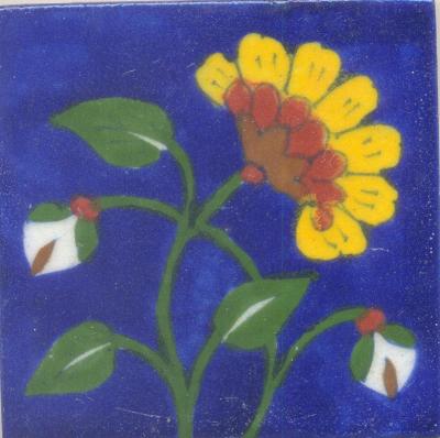 Yellow, Red and Brown Flower and Green leaf with Blue Base Tile Yellow, Red and Brown Flower and Green leaf with Blue Base Tile