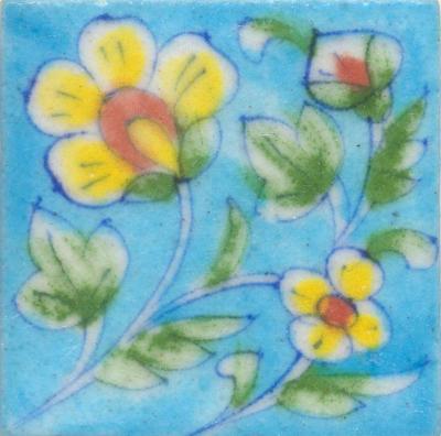 Yellow and Brown Flower and Lime Green leaf with Turquoise Base Tile Yellow and Brown Flower and Lime Green leaf with Turquoise Base Tile