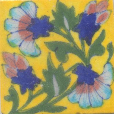Turquoise,Blue and Brown Flowers and Green leaf with Yellow Base Tile Turquoise,Blue and Brown Flowers and Green leaf with Yellow Base Tile